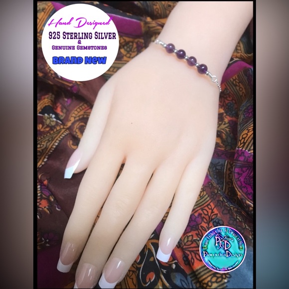 Amethyst Sterling Silver Bracelet- Beaded Bar Style Bracelet - Picture 1 of 5